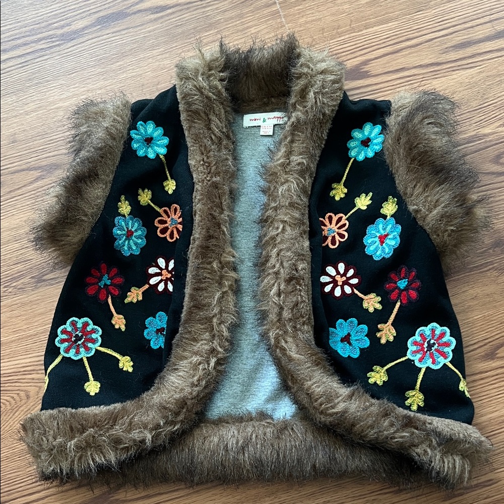 Black Embroidered Faux Fur Trim Kids Vest